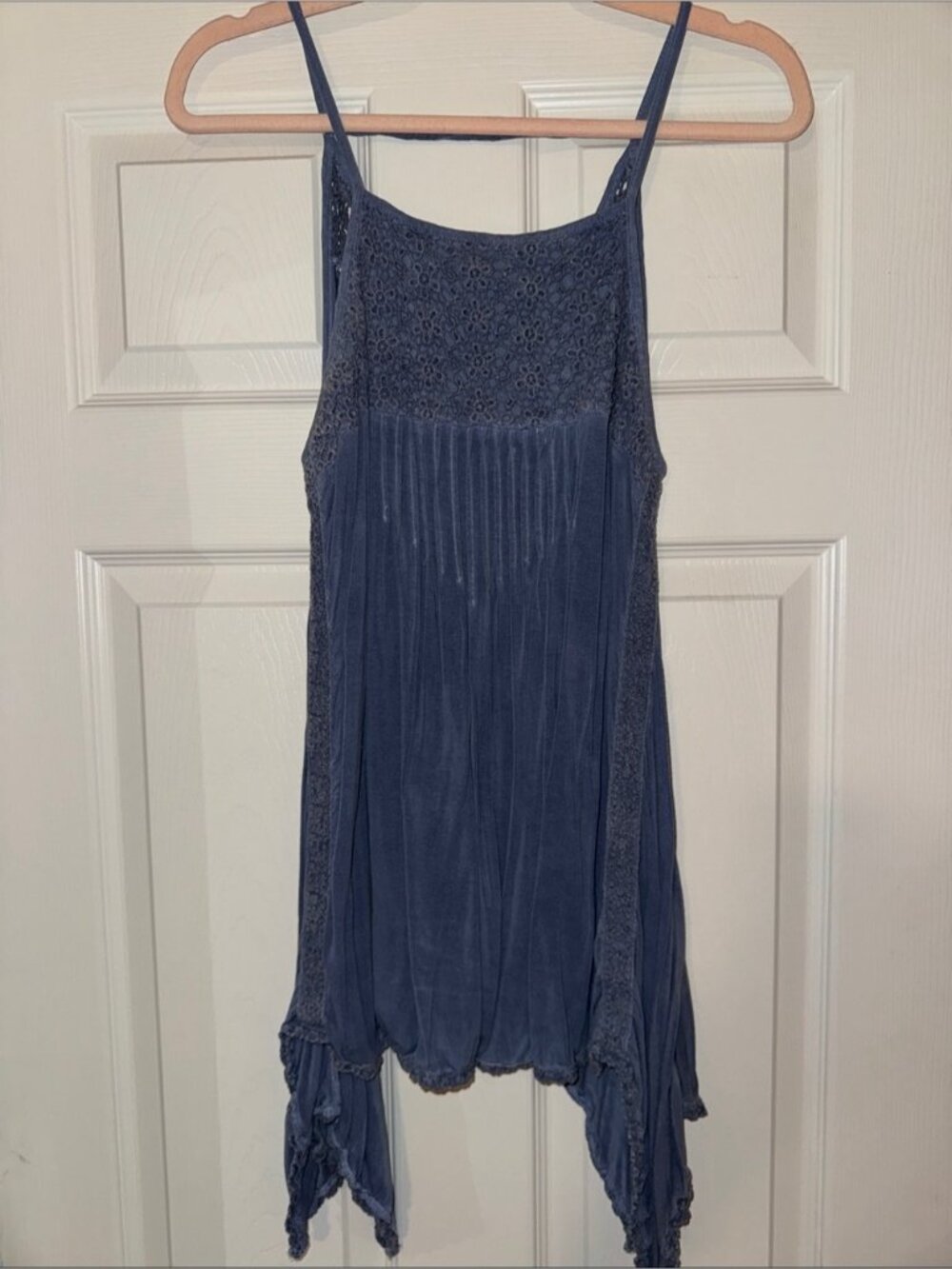 Blue Asymmetrical Lace-Trim Top